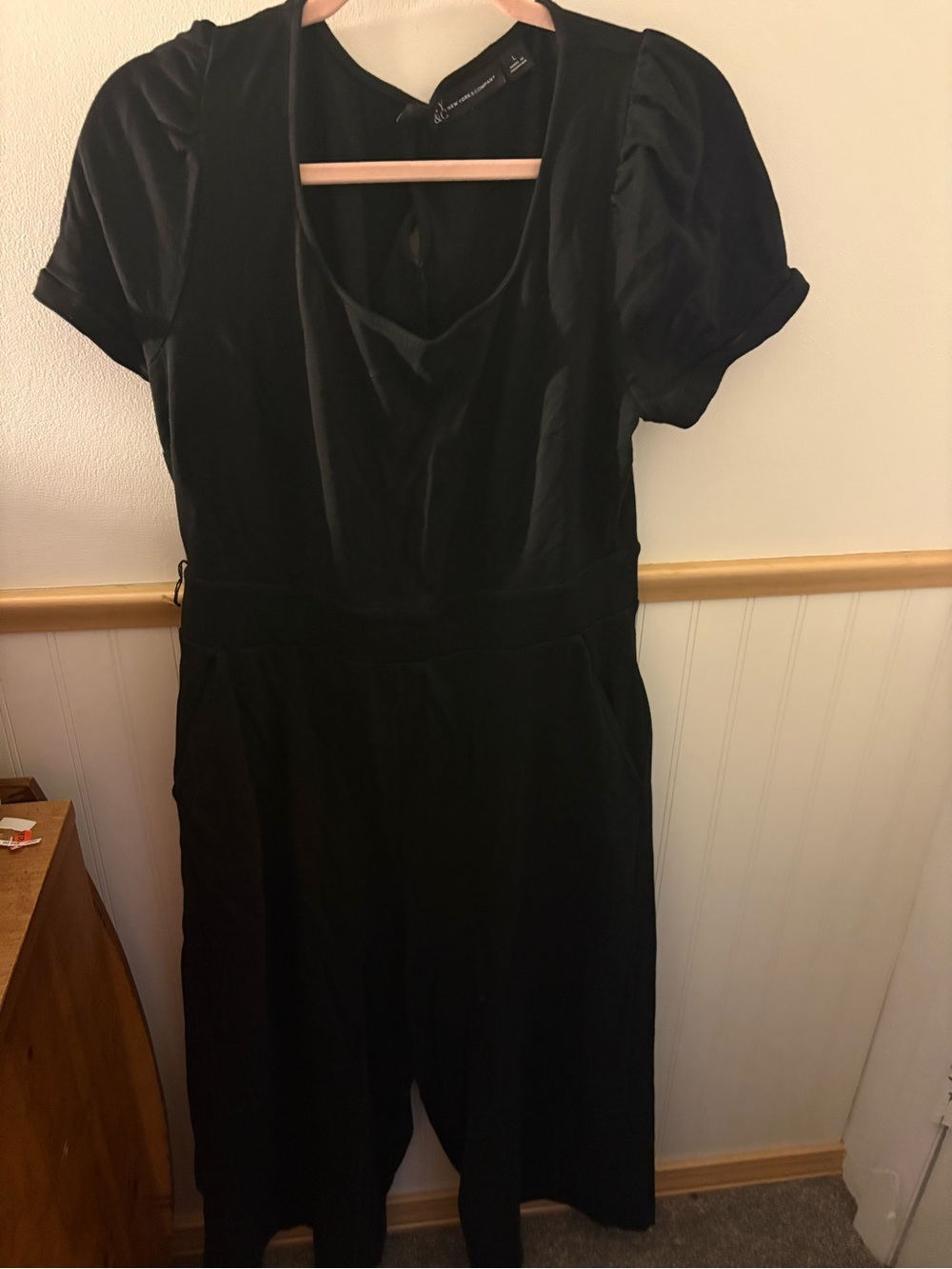 New York & Company Black Cotton Short Sleeve Romper Women’s L Draped Neck